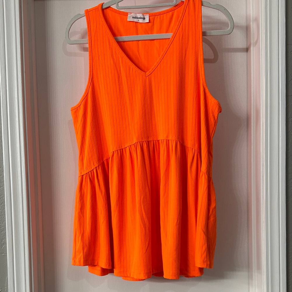 mittoshop Neon Orange Ribbed V-Neck Tank with Gathered Hem NWOT